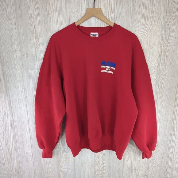 Jerzees Super Sweats Men XL Red Crewneck Pullover Sweater Construction Excavatin - Picture 1 of 6
